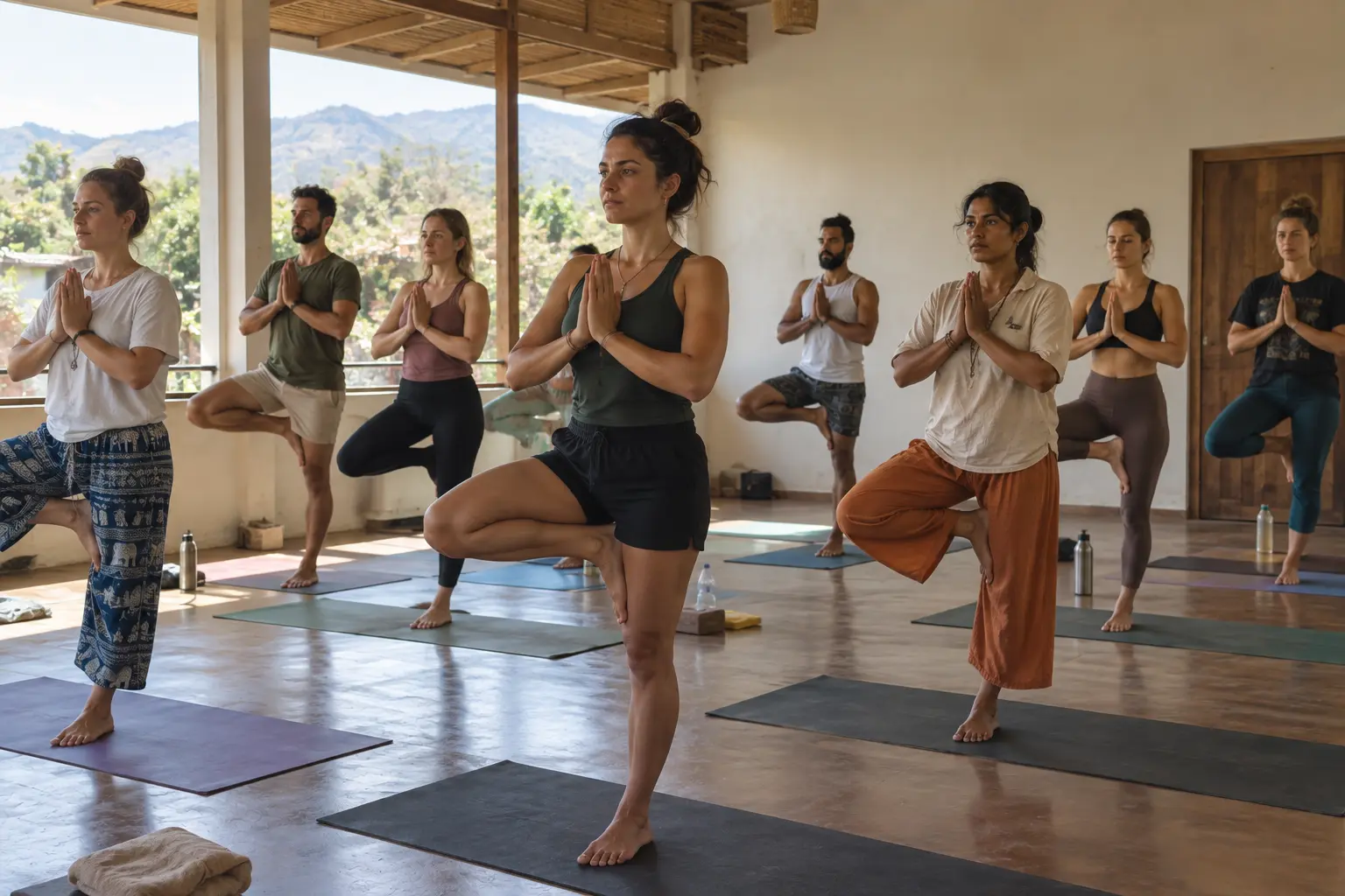 Yoga teacher training students practising yoga at FitFortunes in Rishikesh, India